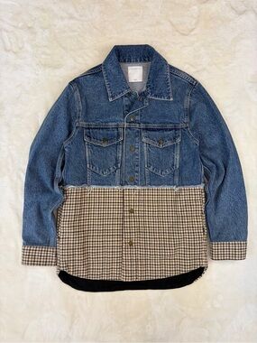 Sandro Paris Denim Plaid Mixed Media Overshirt Jacket Women’s Size 38